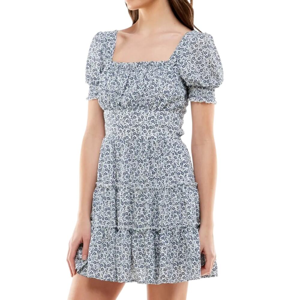 Row A Emma Floral Babydoll Dress Mini Blue White Milkmaid Sundress Size Large